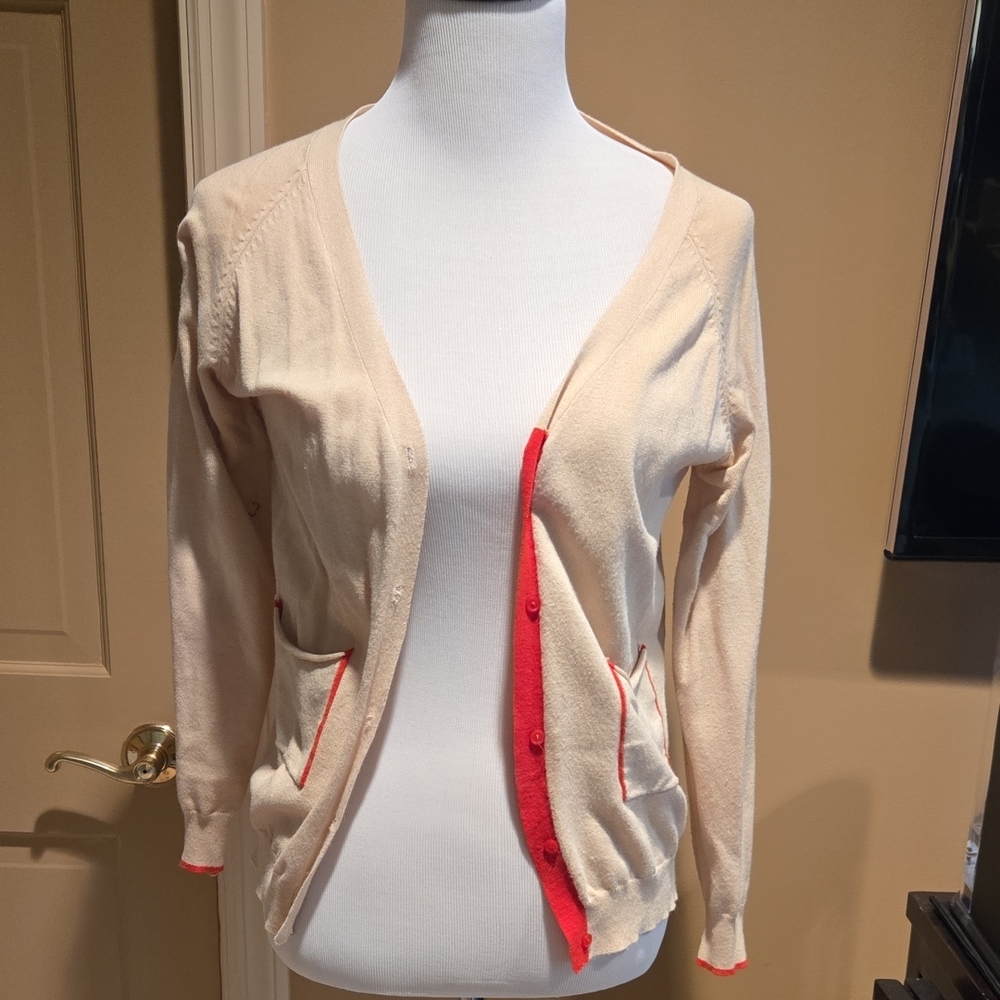 Women's Cream and Red Cardigan Sweater